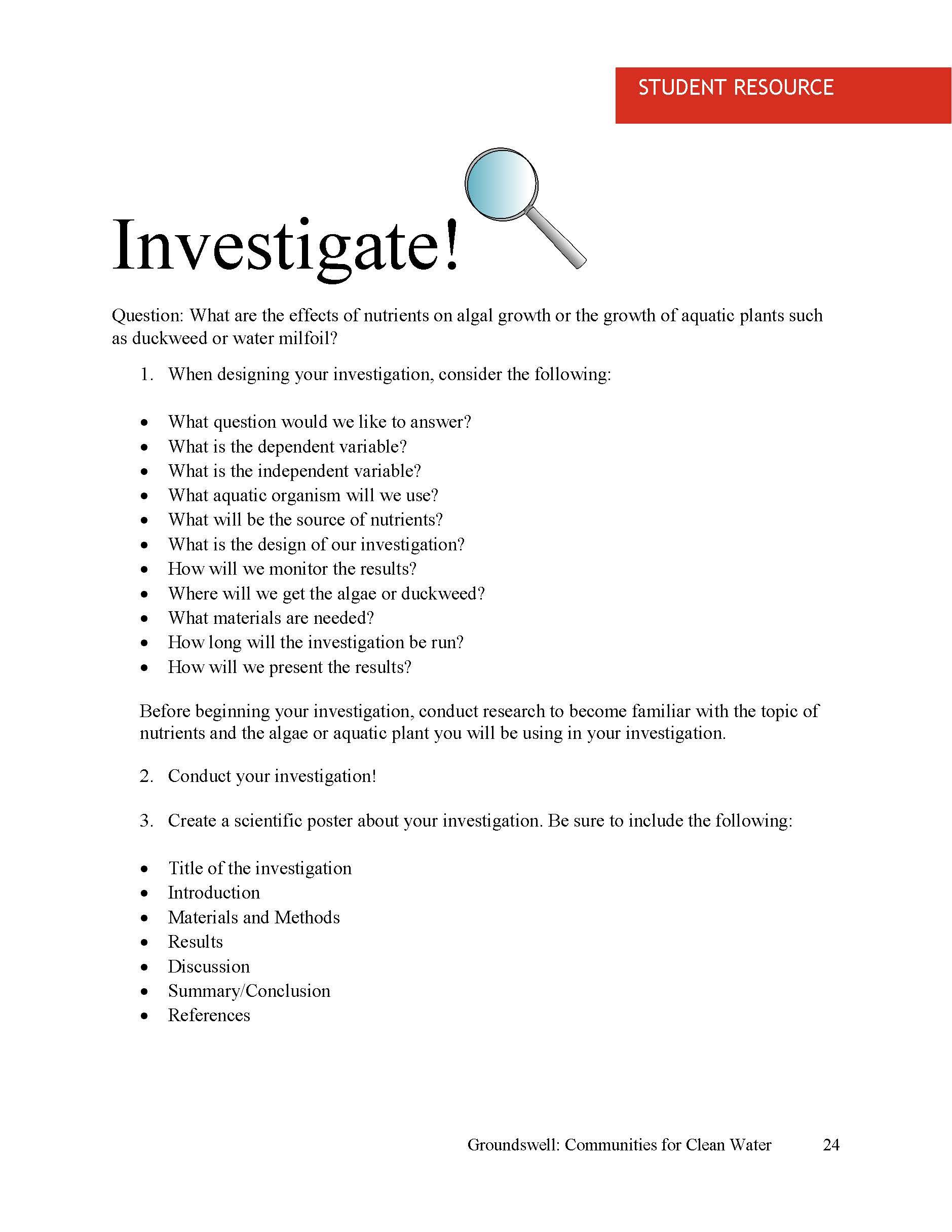 Student page for duckweed investigation activity